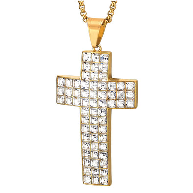 Mens Women Stainless Steel Gold Cross Pendant Necklace with Cubic Zirconia and 27 inches Wheat Chain - COOLSTEELANDBEYOND Jewelry