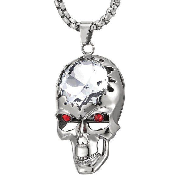 Mens Women Stainless Steel Large Crack Skull Pendant Necklace with White Red CZ, 30 in Wheat Chain
