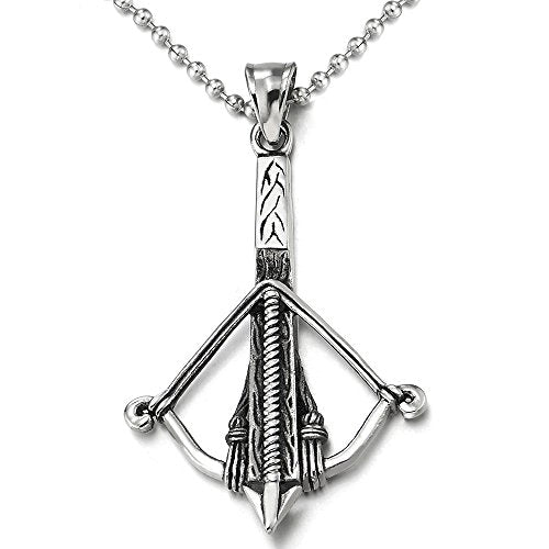 COOLSTEELANDBEYOND Mens Women Stainless Steel Shooting Bow and Arrow Pendant Necklace with 30 Inches Ball Chain - coolsteelandbeyond