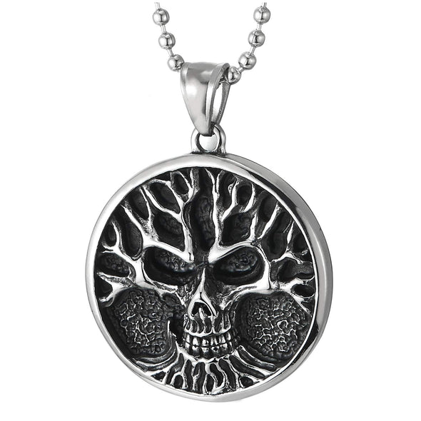 Mens Women Stainless Steel Tree Skull Medal Circle Pendant Necklace with 30 in Ball Chain, Gothic