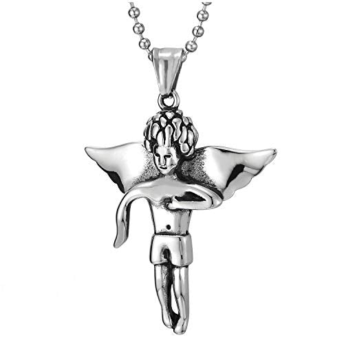 COOLSTEELANDBEYOND Mens Women Stainless Steel Vintage Angle Wing Body Pendant Necklace with 30 inches Ball Chain - coolsteelandbeyond