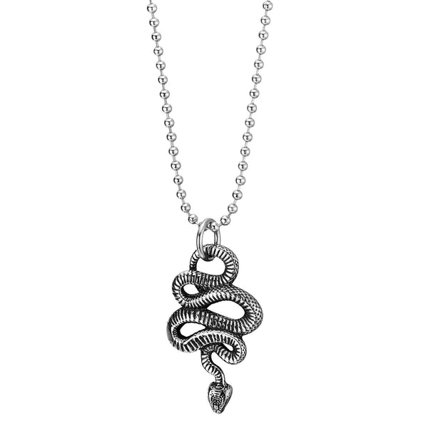 Mens Women Stainless Steel Vintage Coiled Cobra Snake Pendant Necklace, 23.6 inch Ball Chain, Gothic - COOLSTEELANDBEYOND Jewelry
