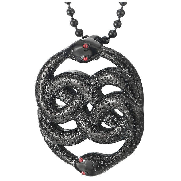 Mens Women Steel Black Coiled Cobra Snakes Pendant Necklace with Red Cubic Zirconia Eyes - COOLSTEELANDBEYOND Jewelry