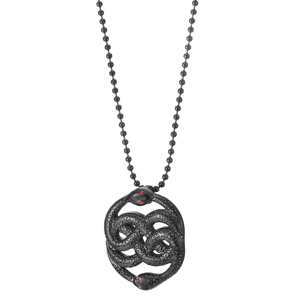 Mens Women Steel Black Coiled Cobra Snakes Pendant Necklace with Red Cubic Zirconia Eyes - COOLSTEELANDBEYOND Jewelry