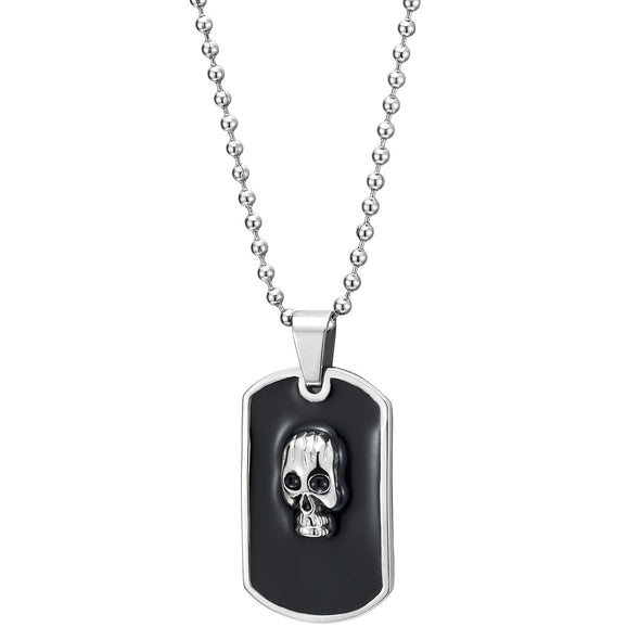 Mens Women Steel Convex Skull Dog Tag Pendant Necklace with Black Enamel, 23.6 inches Ball Chain