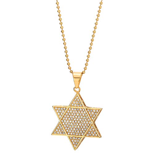 COOLSTEELANDBEYOND Mens Women Steel Gold Color Star-of-David Pendant Necklace with Cubic Zirconia, 30 Inches Ball Chain - coolsteelandbeyond