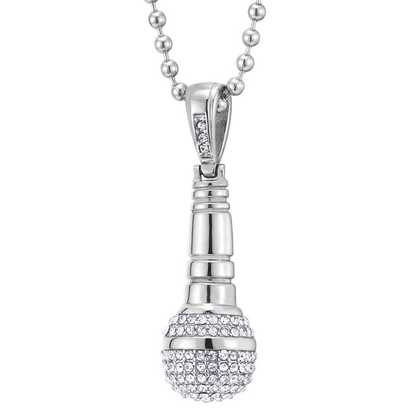COOLSTEELANDBEYOND Mens Women Steel Microphone Pendant Necklace with Cubic Zirconia, 23.6 inches Ball Chain - coolsteelandbeyond
