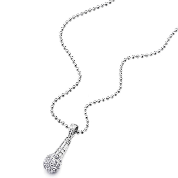 COOLSTEELANDBEYOND Mens Women Steel Microphone Pendant Necklace with Cubic Zirconia, 23.6 inches Ball Chain - coolsteelandbeyond