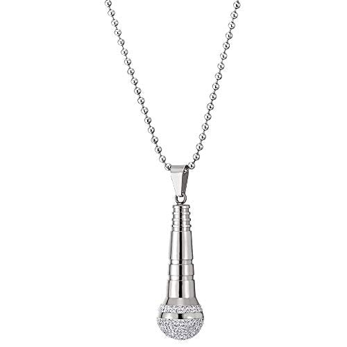 COOLSTEELANDBEYOND Mens Women Steel Microphone Pendant Necklace with Cubic Zirconia, Silver White, 30 inches Ball Chain - coolsteelandbeyond