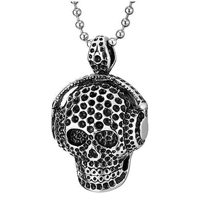 COOLSTEELANDBEYOND Mens Women Steel Silver Black Headphone Honeycomb Skull Pendant Necklace, 30 in Chain, Gothic Biker - coolsteelandbeyond