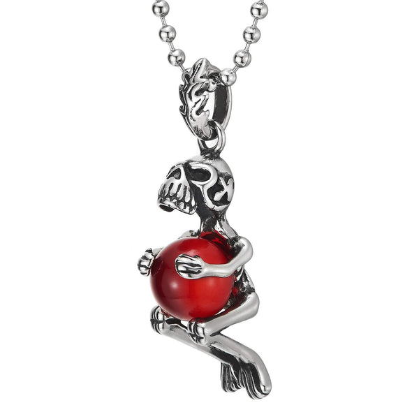 Mens Women Steel Skull Skeleton Grabbing Red Gem Stone Ball Pendant Necklace 23.6 inches Ball Chain - COOLSTEELANDBEYOND Jewelry