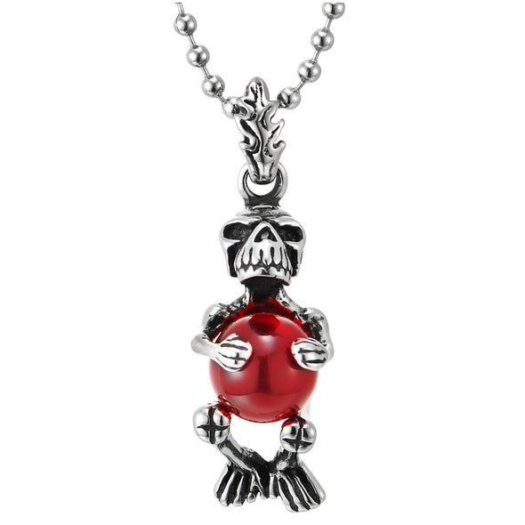 Mens Women Steel Skull Skeleton Grabbing Red Gem Stone Ball Pendant Necklace 23.6 inches Ball Chain - COOLSTEELANDBEYOND Jewelry