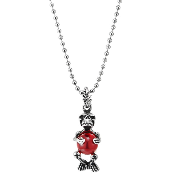 Mens Women Steel Skull Skeleton Grabbing Red Gem Stone Ball Pendant Necklace 23.6 inches Ball Chain - COOLSTEELANDBEYOND Jewelry