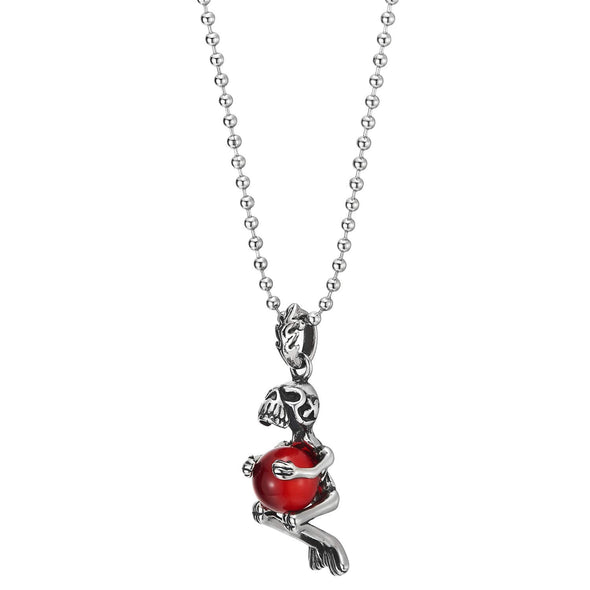 Mens Women Steel Skull Skeleton Grabbing Red Gem Stone Ball Pendant Necklace 23.6 inches Ball Chain - COOLSTEELANDBEYOND Jewelry