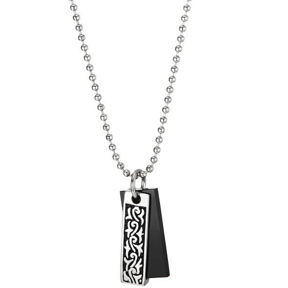 Mens Women Steel Two-Pieces Tribal Tattoo Pattern Rectangle Dog Tag Pendant Necklace, Silver Black - COOLSTEELANDBEYOND Jewelry