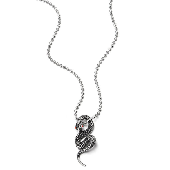 COOLSTEELANDBEYOND Mens Women Steel Vintage Cobra Snake Pendant Necklace with Red Cubic Zirconia, 23.6 inch Ball Chain - coolsteelandbeyond