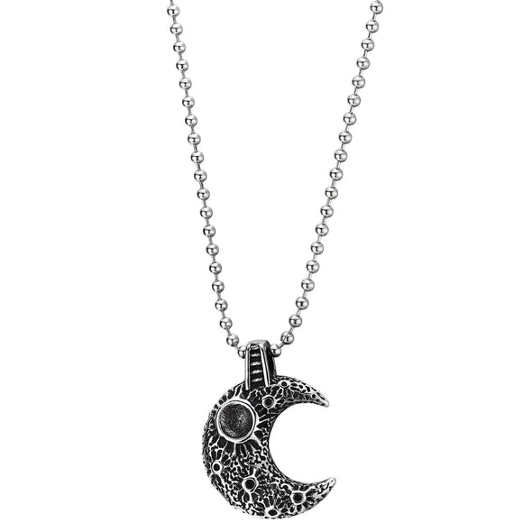 Mens Women Steel Vintage Convex Volcano Moon Crescent Pendant Necklace, 23.6 inch Ball Chain - COOLSTEELANDBEYOND Jewelry