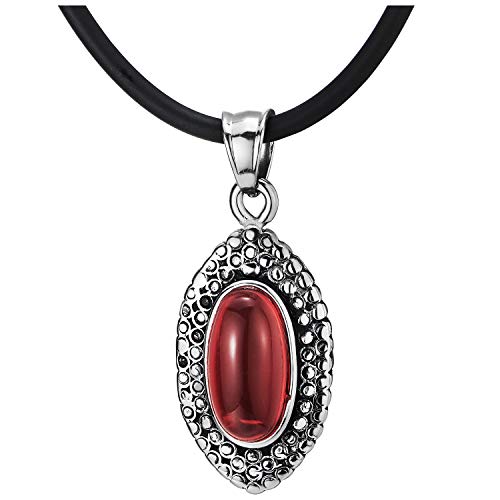 COOLSTEELANDBEYOND Mens Women Steel Vintage Dotted Marquise Medal Pendant Necklace Red Gem Stone, Black Silicone Cord - coolsteelandbeyond