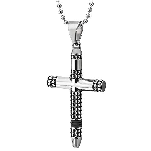 COOLSTEELANDBEYOND Mens Women Steel Vintage Dotted Nail Cross Pendant Necklace with Black Silicone Circles, 30 in Chain - coolsteelandbeyond