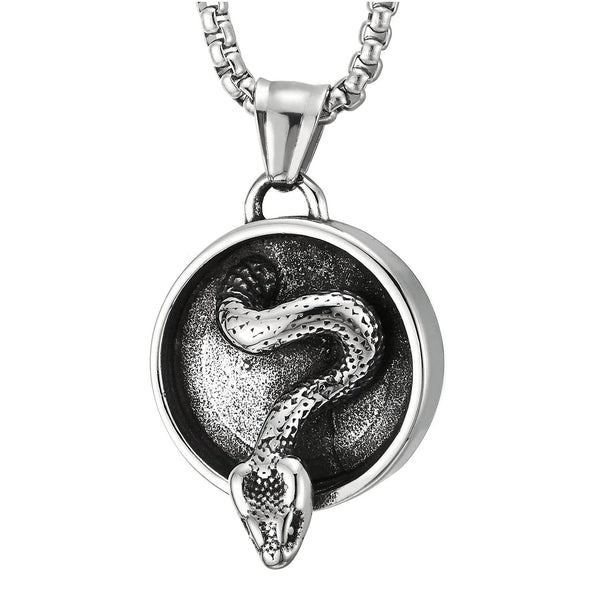 Mens Women Steel Vintage Round Circle Cobra Snake Pendant Necklace, 23 Inches Wheat Chain - COOLSTEELANDBEYOND Jewelry