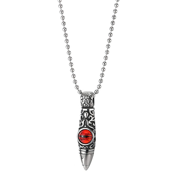 Mens Women Steel Vintage Tribal Tattoo Graphic Bullet Pendant Necklace Red Evil Eye, Retro Style