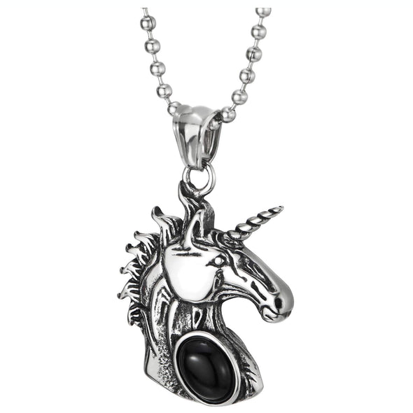 Mens Women Steel Vintage Unicorn Pendant Necklace with Oval Black Onyx Bead, 23.6 in Ball Chain
