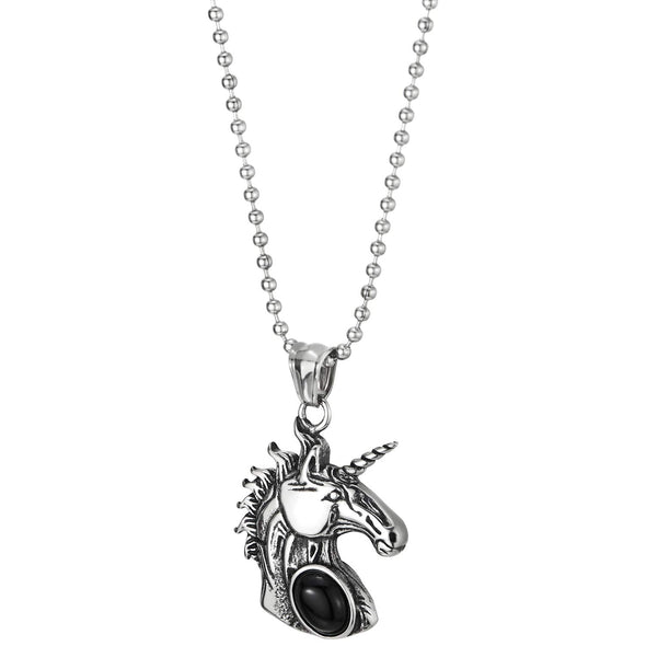 Mens Women Steel Vintage Unicorn Pendant Necklace with Oval Black Onyx Bead, 23.6 in Ball Chain