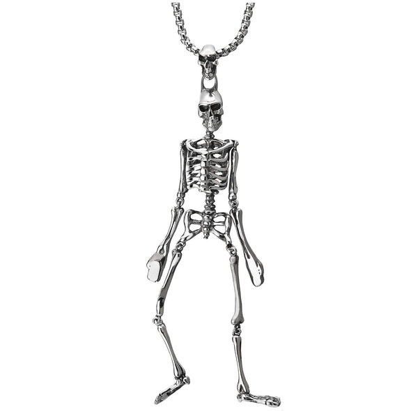 Mens Women Vintage Steel Moving Skull Skeleton Pendant Necklace, 30 in Wheat Chain, Gothic Punk Rock