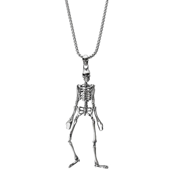 Mens Women Vintage Steel Moving Skull Skeleton Pendant Necklace, 30 in Wheat Chain, Gothic Punk Rock