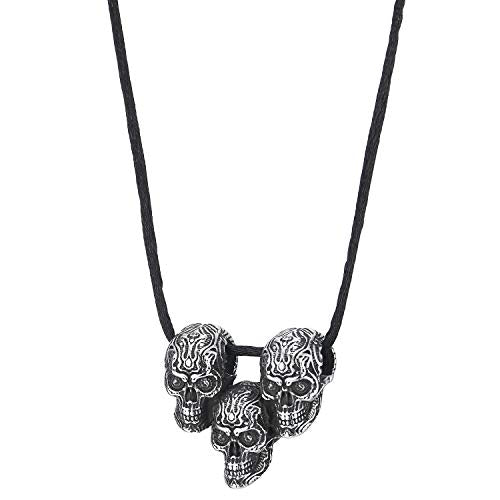 COOLSTEELANDBEYOND Mens Women Vintage Steel Three Flame Skulls Pendant Necklace with Adjustable Black Cotton Cord - coolsteelandbeyond