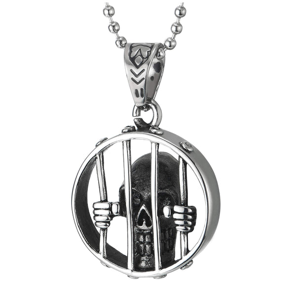 Mens Womens Biker Vintage Steel Skull Behind Bars Circle Pendant Necklace 30 inches Ball Chain - COOLSTEELANDBEYOND Jewelry