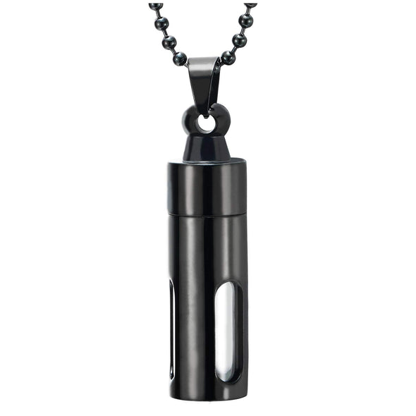 Mens Womens Black Cylinder Ashes Memorial Pendant Pill Box Necklace Steel Acrylic, 30 in Ball Chain
