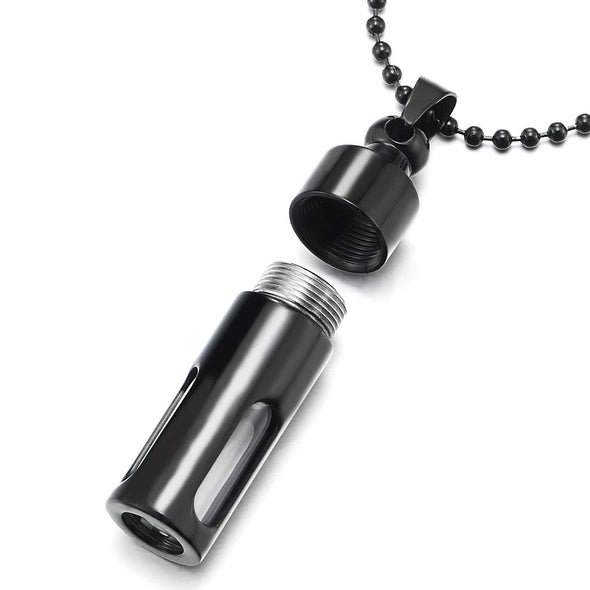 Mens Womens Black Cylinder Ashes Memorial Pendant Pill Box Necklace Steel Acrylic, 30 in Ball Chain