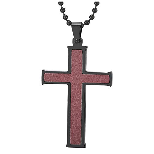 COOLSTEELANDBEYOND Mens Womens Black Steel Red Wood Cross Pendant Necklace with 23.6 inches Ball Chain, Inlay Design - coolsteelandbeyond