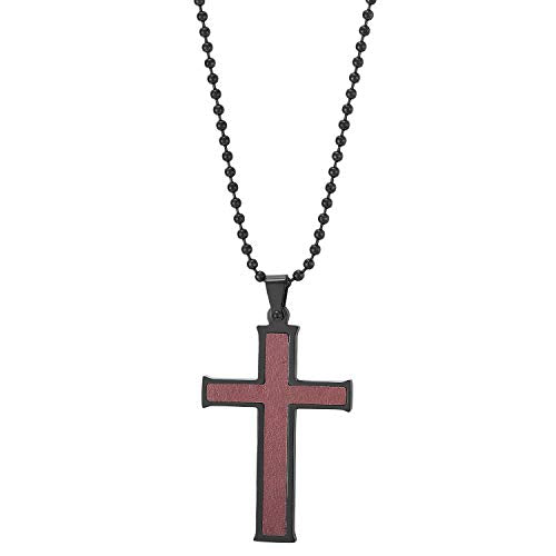 COOLSTEELANDBEYOND Mens Womens Black Steel Red Wood Cross Pendant Necklace with 23.6 inches Ball Chain, Inlay Design - coolsteelandbeyond