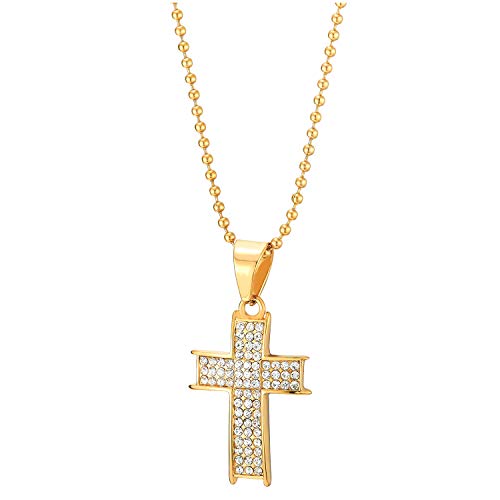 COOLSTEELANDBEYOND Mens Womens Gold Color Steel Cross Pendant Necklace with Cubic Zirconia, 23.6 inches Ball Chain - coolsteelandbeyond
