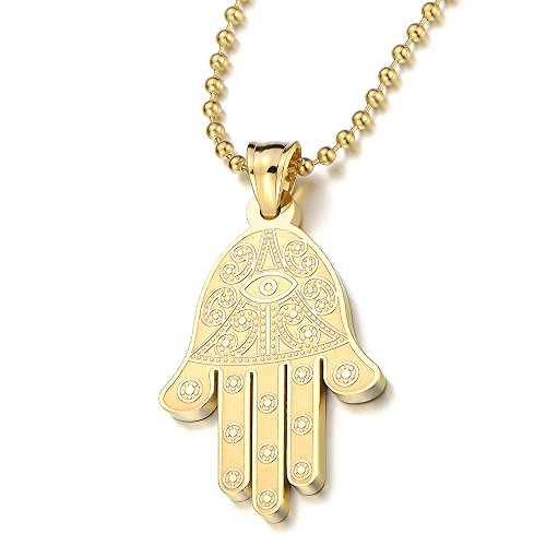 Mens Womens Gold Hamsa Hand of Fatima Pendant Necklace Stainless Steel with 23.6 inche Ball Chain