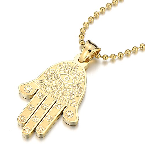 Mens Womens Gold Hamsa Hand of Fatima Pendant Necklace Stainless Steel with 23.6 inche Ball Chain