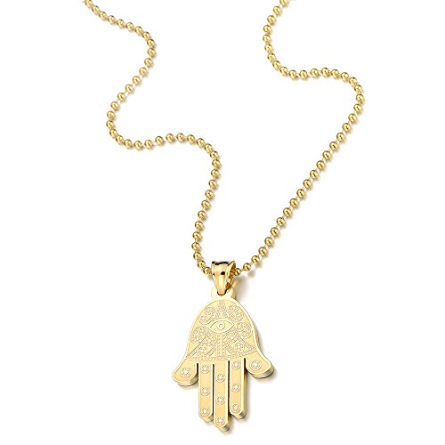 Mens Womens Gold Hamsa Hand of Fatima Pendant Necklace Stainless Steel with 23.6 inche Ball Chain