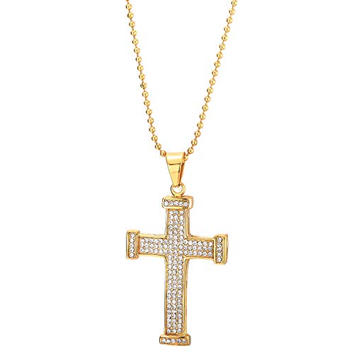 COOLSTEELANDBEYOND Mens Womens Large Gold Color Steel Cross Pendant Necklace with Cubic Zirconia, 30 inches Ball Chain - coolsteelandbeyond