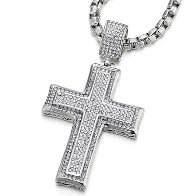 COOLSTEELANDBEYOND Mens Womens Large Steel Two-Layers Cross Pendant Necklace with Cubic Zirconia, 30 inches Wheat Chain - coolsteelandbeyond
