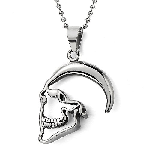 Mens Womens Skull Contour Pendant Necklace Stainless Steel with 30 inches Steel Ball Chain - COOLSTEELANDBEYOND Jewelry