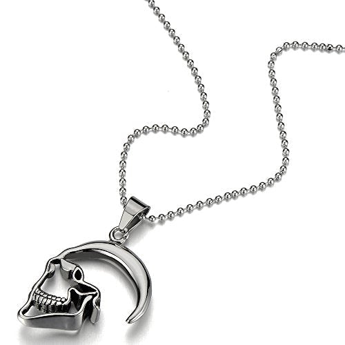 Mens Womens Skull Contour Pendant Necklace Stainless Steel with 30 inches Steel Ball Chain - COOLSTEELANDBEYOND Jewelry