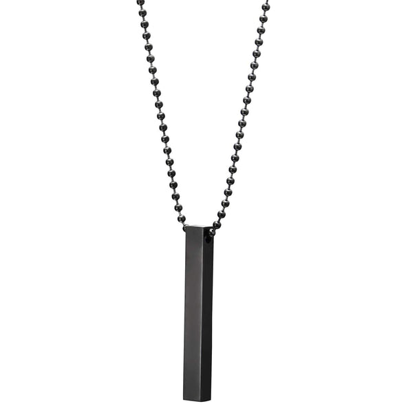 Mens Womens Stainless Steel Black Cuboid Stick Pendant Necklace, 30 in Steel Ball Chain, Minimalist - COOLSTEELANDBEYOND Jewelry