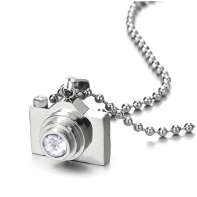 Mens Womens Stainless Steel Camera Pendant Necklace with Cubic Zirconia, 23 inches Ball Chain - COOLSTEELANDBEYOND Jewelry