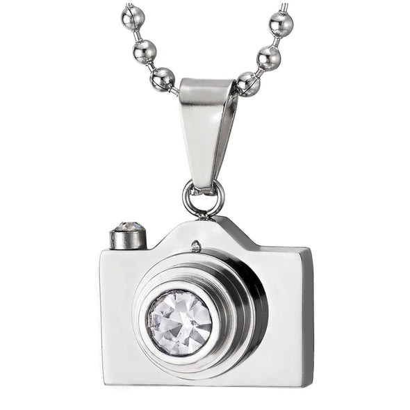 Mens Womens Stainless Steel Camera Pendant Necklace with Cubic Zirconia, 23 inches Ball Chain - COOLSTEELANDBEYOND Jewelry