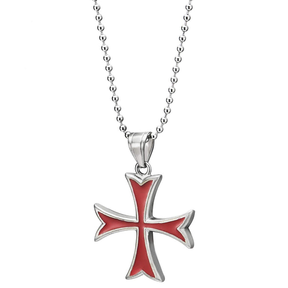 Mens Womens Stainless Steel Cross Pendant Necklace with Red Enamel, 30 inches Ball Chain - COOLSTEELANDBEYOND Jewelry