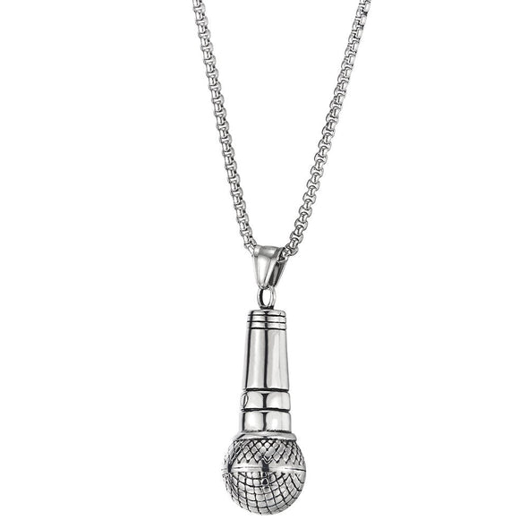 COOLSTEELANDBEYOND Mens Womens Stainless Steel Microphone Pendant Necklace, 30 inches Wheat Chain - coolsteelandbeyond
