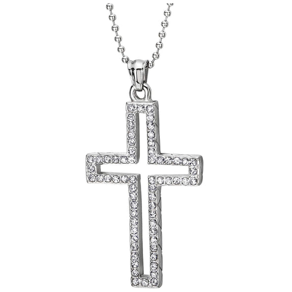 Mens Womens Stainless Steel Open Cross Pendant Necklace with Cubic Zirconia and 30 inches Ball Chain - COOLSTEELANDBEYOND Jewelry