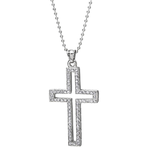 Mens Womens Stainless Steel Open Cross Pendant Necklace with Cubic Zirconia and 30 inches Ball Chain - COOLSTEELANDBEYOND Jewelry